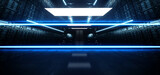 Fototapeta Perspektywa 3d - Sci Fi Futuristic Cyber Modern Spaceship Hallway Warehouse Tunnel Bunker Underground Laser Lights Electric Metal Concrete Hangar 3D Rendering