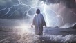 Jesus Christ stands on the sea water and in front of him there are flashes of lightning