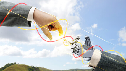 Wall Mural - Robotic hand and business hand with digital world