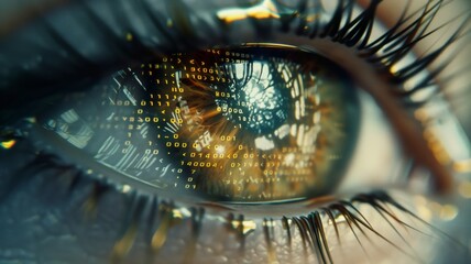Computer vision concept. Human eye with binary code inside. Fusion of technology, perception, power and potential of artificial intelligence and AI machine learning in interpreting visual data.