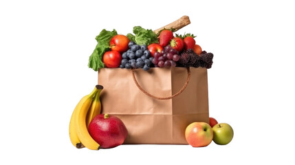 Wall Mural - Paper Bag Filled With Fresh and Colorful Fruit. On a White or Clear Surface PNG Transparent Background..