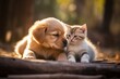 Cute Golden Retriever puppy and kitten sitting together on wood