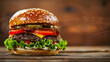 Gourmet burger with detailed layers and served on a rustic wooden table.