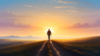 Wall Mural - A human figure walking towards a sunrise, with the path illuminated, Background Image