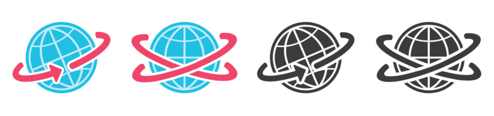 Orbit of satellite around earth planet icon vector simple graphic set, world spin rotation direction trajectory arrow symbol, sphere turning travel circuit pictogram, global network tech image clipart