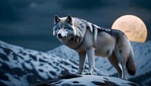 A Hyper Realistic 3D White Wolf Standing On A Mountain With A Full Moon In The Background