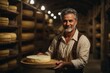 old man cheese maker holding a wheel of cheese in the underground storage room