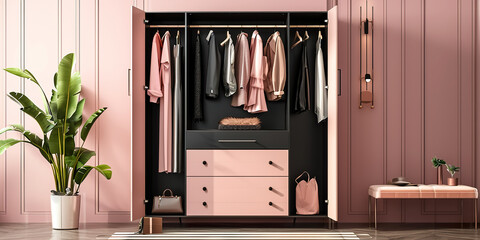 Wall Mural - Modern wardrobe with stylish pink black clothes