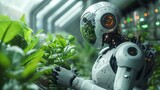 Fototapeta Uliczki - digital robot carry sapling in Green house