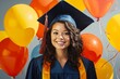 A portrait of a graduate holding balloons in their school colors, with a beaming smile