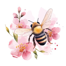 Cute Bee Clipart With Watercolor With Pink Flower 