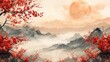 Branches with leaves and flower decoration in vintage style. Cherry blossom with moon element. Chinese cloud modern.