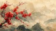 An art natural landscape background with watercolor texture modern. Cherry blossoms with Chinese clouds. Branch with leaves and flowers decoration.