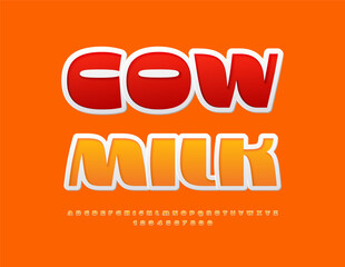 Wall Mural - Vector advertising sign Cow Milk. Modern Bright Font. Creative Alphabet Letters and Numbers set.