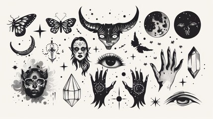 Wall Mural - This collection features butterfly, hand, cat, horned god, crystal ball, face, and crystal ball symbols.