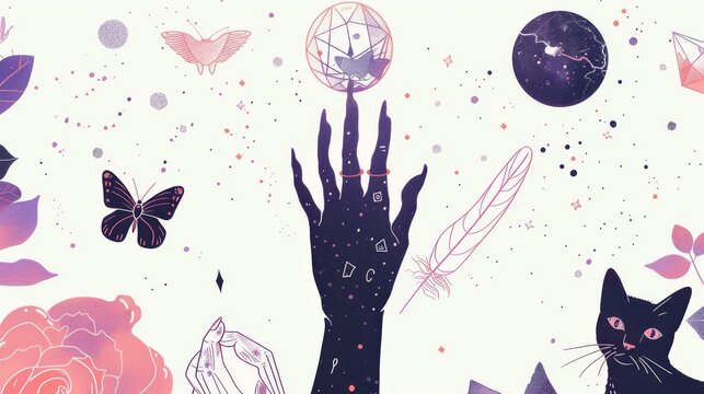A Boho Witch and Magic Collection featuring butterflies, hands, cats, horned gods, faces, and crystal balls