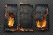 A burning page with smoldering fire on charred uneven edges. Burned parchment sheets in flames. Burned frames isolated on transparent background.