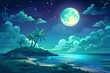 Nighttime seascape with moon, stars and clouds in dark sky. Modern cartoon backgrounds of tropical island with palm trees, sand beach, ocean waves and coastline.