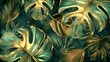 A gold and green background modern illustration together with golden split-leaf Philodendron plants and monstera plants.