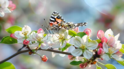 Sticker - Butterfly insect. nature. Blossoming branch apple. Bright colorful spring flowers