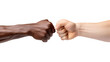 © Creative Canvas - the hand of a white man and an African American are touching fists on white isolated background