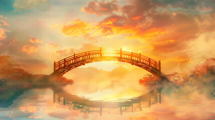 Surrealistic, clean 3D bridge connecting two fantasy worlds, sunset backdrop, watercolor sky