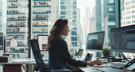 Wall Mural - A woman is seated at a desk, focused on her computer screen as she works in an office setting.