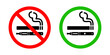 No smoking no vaping and smoking area sign set. Forbidden sign icon isolated on white background vector illustration. Cigarette, vape in prohibition circle and green allowed area.