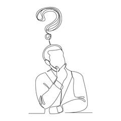 Wall Mural - Continuous single line sketch drawing of thinking man with questions mark. One line art of business man thinking idea. Vector illustration