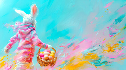 Wall Mural - Colorful Easter Bunny with Painted Eggs on Abstract Background. Easter celebrations and spring concept