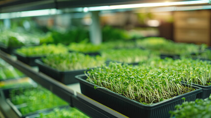 Wall Mural - Microgreens trays at the counter in the supermarket.