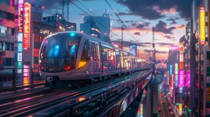 Naklejka na meble Vibrant anime scene of a sleek, futuristic train zipping through Tokyo's neon-lit skyline at dusk, a fusion of tradition and innovation