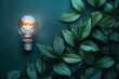 bright Light bulb with home green leaves and plants. for the concept of renewable clean energy and saving electricity bill cost using sustainable resources and consumption data