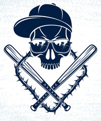 Wall Mural - Gang brutal criminal emblem or logo with aggressive skull baseball bats design elements, vector anarchy crime terror retro style, ghetto revolutionary.