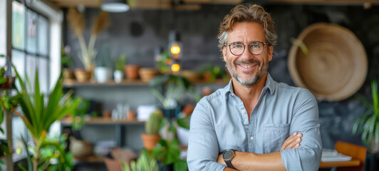 Wall Mural - Smiling confident mature businessman looking at camera standing in office. Elegant stylish corporate leader successful ceo executive manager