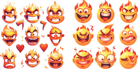 Mascot faces for old animation characters, funny face with fire, heart and star shaped eyes vector set