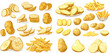 Cartoon potato, raw sliced potatoes, french fries, chips