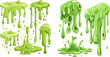  Green sticky alien slime blobs, spooky halloween toxic slime dripping vector illustration set