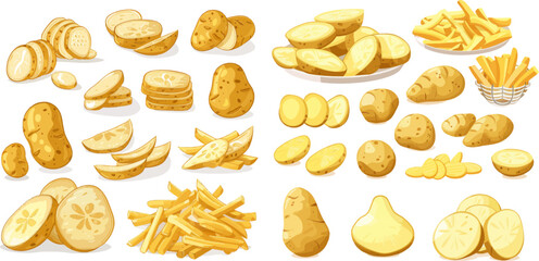 Wall Mural - Cartoon potato, raw sliced potatoes, french fries, chips