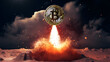 Bitcoin on rocket portraying cryptocurrencys meteoric