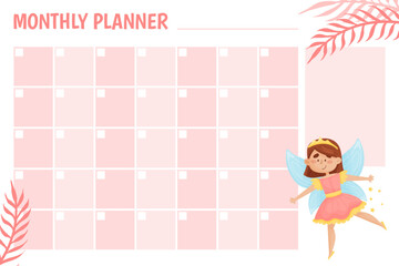 Poster - Month Planner with Flying Cute Girl Fairy with Wings and Smiling Face Vector Template