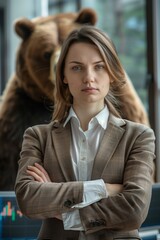 Wall Mural - Businesswoman standing in office, with bear in background, as bearish market sentiment. Trading charts, concept of woman in business, financial markets, with bulls and bears indicating market trends.