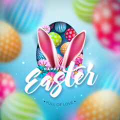 Sticker - Happy Easter Holiday Design with Flower, Blurred Painted Egg and Rabbit Ears on Blue Background. Vector Illustration of International Religious Celebration with Typography for Greeting Card or Banner