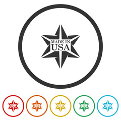 Sticker - Made in USA label. Set icons in color circle buttons