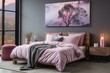 stylist and royal Blankets in pink and grey, a carpet, and posters decorate a modest bedroom with copy space