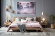 stylist and royal Blankets in pink and grey, a carpet, and posters decorate a modest bedroom with copy space