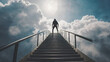 Man climbing up stairs towards an open door in the sky with clouds. Ladder of Success. AI generated image, ai. ..