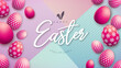 Happy Easter Holiday Design with Falling Colorful Painted Egg and Typography Lettering on Abstract Background. International Religious Vector Celebration Illustration with Typography for Greeting Card