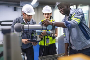 Wall Mural - group of diverse people working on robot programming in robotic and electronic engineering laborator