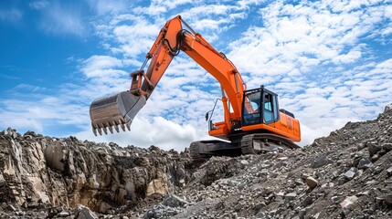 a heavy excavator digging up rocky soil